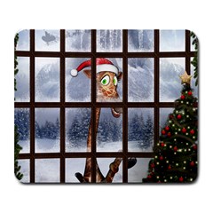 Funny Giraffe  With Christmas Hat Looks Through The Window Large Mousepads by FantasyWorld7