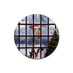 Funny Giraffe  With Christmas Hat Looks Through The Window Rubber Coaster (round)  by FantasyWorld7