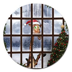 Funny Giraffe  With Christmas Hat Looks Through The Window Magnet 5  (round) by FantasyWorld7