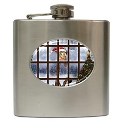 Funny Giraffe  With Christmas Hat Looks Through The Window Hip Flask (6 Oz) by FantasyWorld7