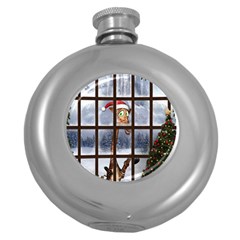 Funny Giraffe  With Christmas Hat Looks Through The Window Round Hip Flask (5 Oz) by FantasyWorld7