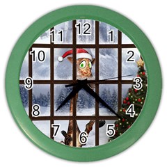 Funny Giraffe  With Christmas Hat Looks Through The Window Color Wall Clock by FantasyWorld7