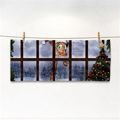 Funny Giraffe  With Christmas Hat Looks Through The Window Hand Towel by FantasyWorld7