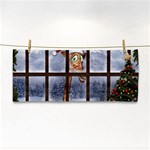 Funny Giraffe  With Christmas Hat Looks Through The Window Hand Towel Front