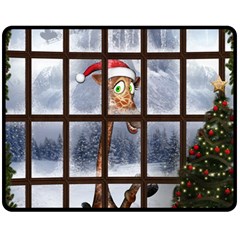 Funny Giraffe  With Christmas Hat Looks Through The Window Fleece Blanket (medium)  by FantasyWorld7