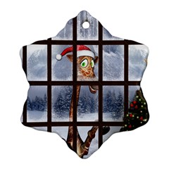 Funny Giraffe  With Christmas Hat Looks Through The Window Ornament (snowflake) by FantasyWorld7