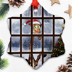 Funny Giraffe  With Christmas Hat Looks Through The Window Snowflake Ornament (two Sides) by FantasyWorld7