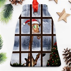 Funny Giraffe  With Christmas Hat Looks Through The Window Bell Ornament (two Sides) by FantasyWorld7