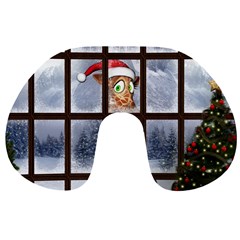 Funny Giraffe  With Christmas Hat Looks Through The Window Travel Neck Pillow by FantasyWorld7