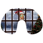 Funny Giraffe  With Christmas Hat Looks Through The Window Travel Neck Pillow Back