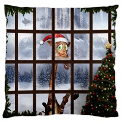 Funny Giraffe  With Christmas Hat Looks Through The Window Large Flano Cushion Case (two Sides) by FantasyWorld7