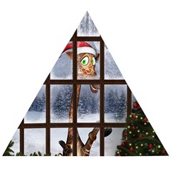 Funny Giraffe  With Christmas Hat Looks Through The Window Wooden Puzzle Triangle by FantasyWorld7