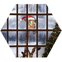 Funny Giraffe  With Christmas Hat Looks Through The Window Wooden Puzzle Hexagon by FantasyWorld7