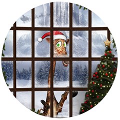 Funny Giraffe  With Christmas Hat Looks Through The Window Wooden Bottle Opener (round) by FantasyWorld7