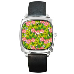 Roses Flowers Pattern Square Metal Watch by Vaneshart