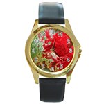 Abstract Stain Red Round Gold Metal Watch Front