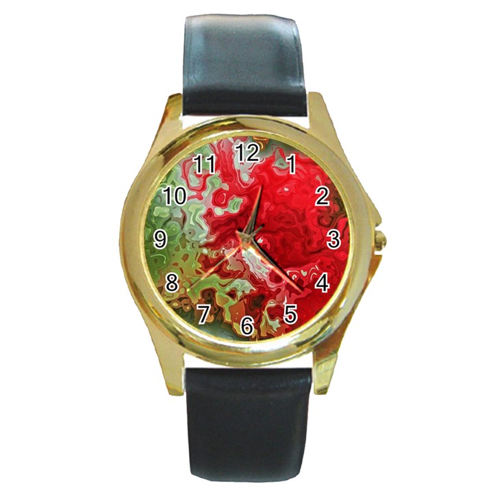 Abstract Stain Red Round Gold Metal Watch