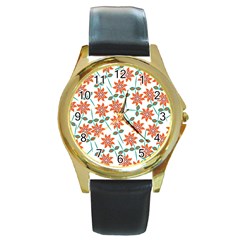 Vector Flower Floral Round Gold Metal Watch