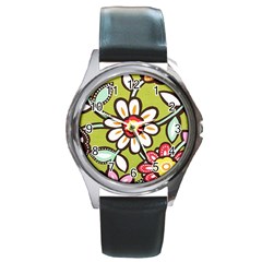 Flowers Fabrics Floral Round Metal Watch by Vaneshart