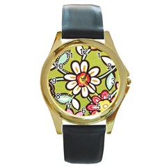 Flowers Fabrics Floral Round Gold Metal Watch by Vaneshart