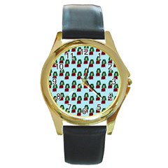 Girl With Green Hair Pattern Round Gold Metal Watch