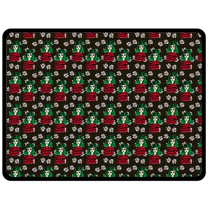 Girl With Green Hair Pattern Brown Floral Fleece Blanket (Large) 