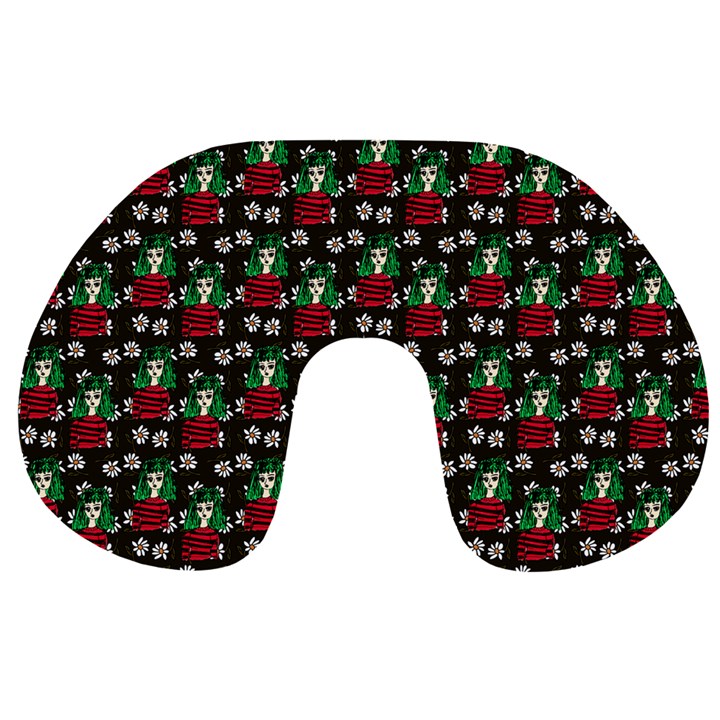 Girl With Green Hair Pattern Brown Floral Travel Neck Pillow