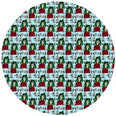 Girl With Green Hair Pattern Blue Floral Wooden Puzzle Round