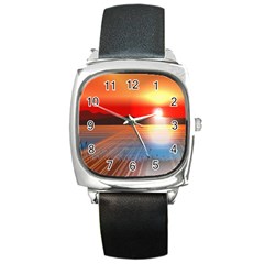 Sunset Water River Sea Sunrays Square Metal Watch by Mariart