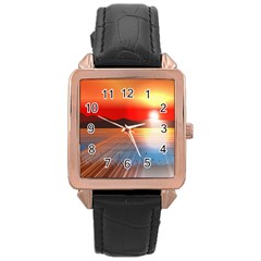 Sunset Water River Sea Sunrays Rose Gold Leather Watch  by Mariart