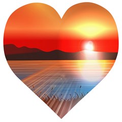 Sunset Water River Sea Sunrays Wooden Puzzle Heart