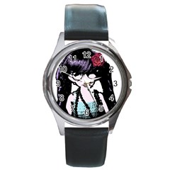 Girl With Flower Round Metal Watch