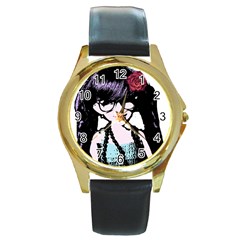 Girl With Flower Round Gold Metal Watch