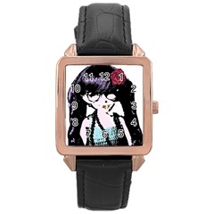 Girl With Flower Rose Gold Leather Watch 