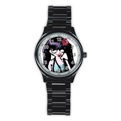 Girl With Flower Stainless Steel Round Watch by snowwhitegirl