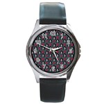 Girl Flower Pattern Grey Round Metal Watch Front