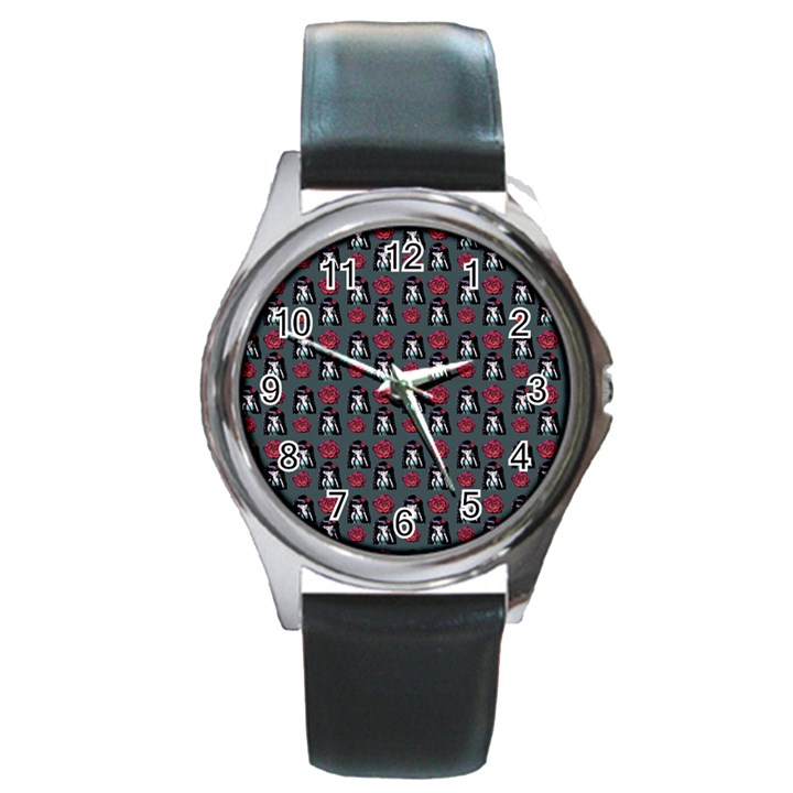 Girl Flower Pattern Grey Round Metal Watch