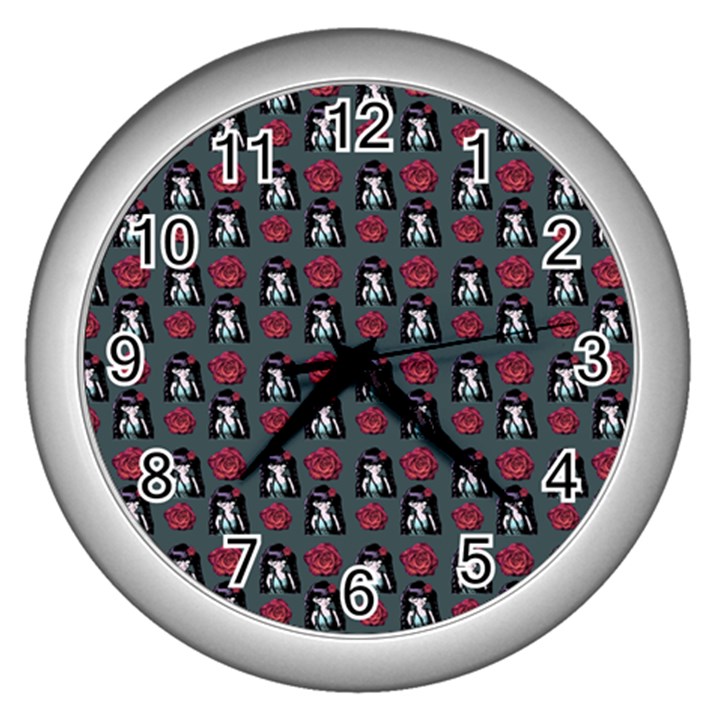 Girl Flower Pattern Grey Wall Clock (Silver)