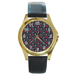 Girl Flower Pattern Grey Round Gold Metal Watch