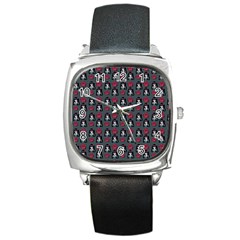 Girl Flower Pattern Grey Square Metal Watch