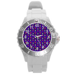 Girl Flower Pattern Royal Blue Round Plastic Sport Watch (l) by snowwhitegirl