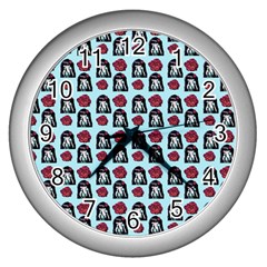 Girl Flower Pattern Light Blue Wall Clock (silver) by snowwhitegirl