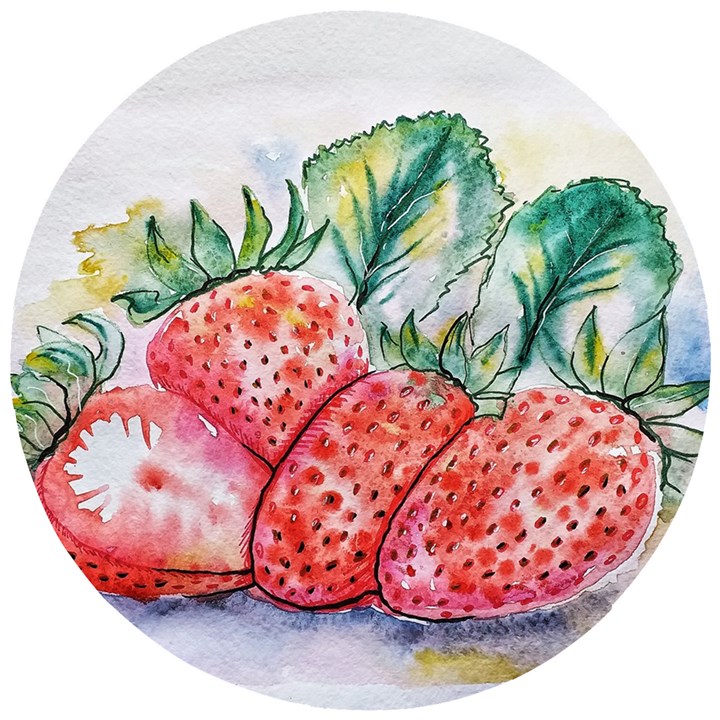 Strawberry Watercolor Figure Wooden Puzzle Round