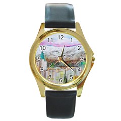 Mendoza City Argentina Mountains Round Gold Metal Watch by Wegoenart