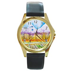 Mendoza Argentina Field Nature Round Gold Metal Watch by Wegoenart