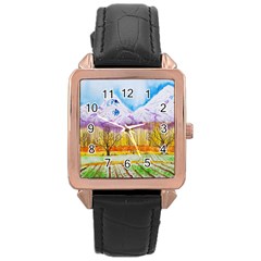 Mendoza Argentina Field Nature Rose Gold Leather Watch  by Wegoenart