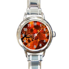 Leaf Autumn Nature Background Round Italian Charm Watch by Wegoenart