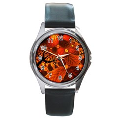 Leaf Autumn Nature Background Round Metal Watch by Wegoenart