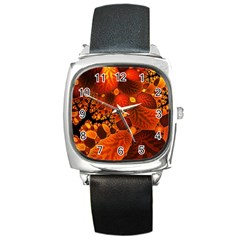 Leaf Autumn Nature Background Square Metal Watch by Wegoenart