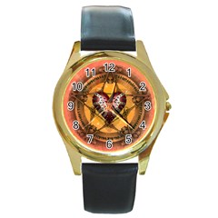 Awesome Heart On A Pentagram With Skulls Round Gold Metal Watch by FantasyWorld7